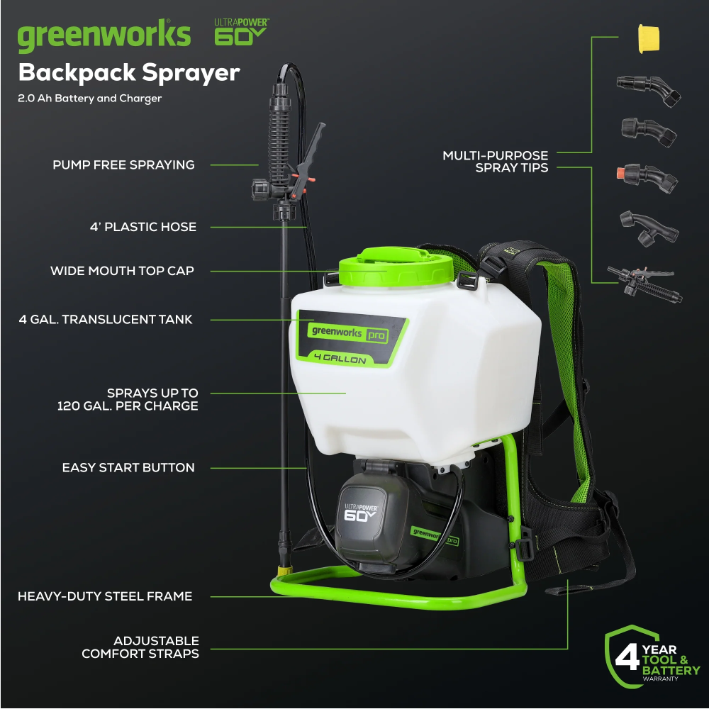 Greenworks 60v Battery Backpack Pressure Sprayer 2.0ah Kit